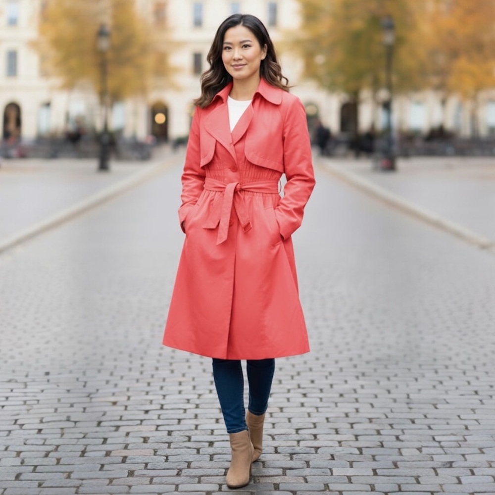 Vero Moda Coral Trench Coat Jacket Fit Flare Belt Pockets Slimming Lined Waist M